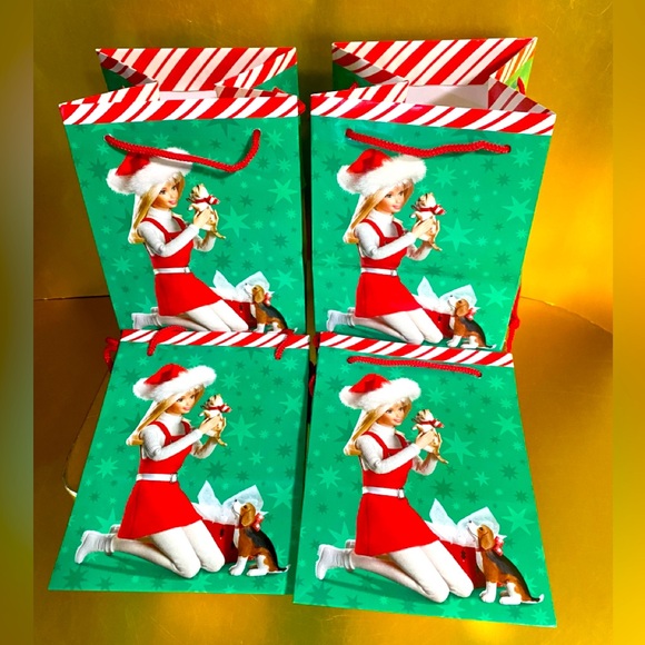 BARBIE VTG 1997 HALLMARK CHRISTMAS GIFT BAGS SET OF 4 BARBIE w/KITTEN & PUPPY - Picture 1 of 11